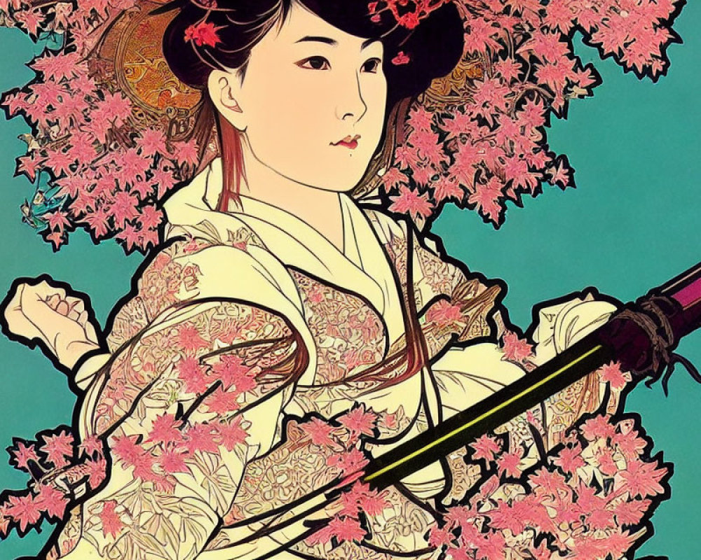 Japanese woman in kimono with umbrella and cherry blossoms