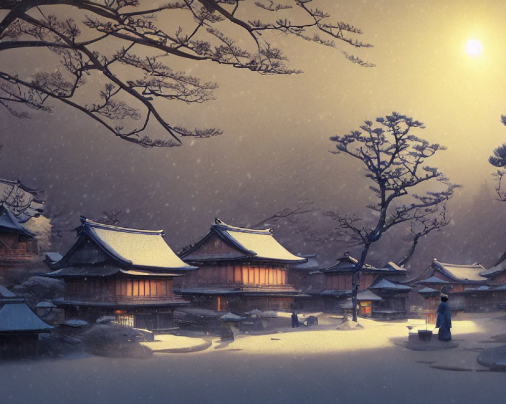 Snow-covered rooftops in traditional Japanese village under glowing moon