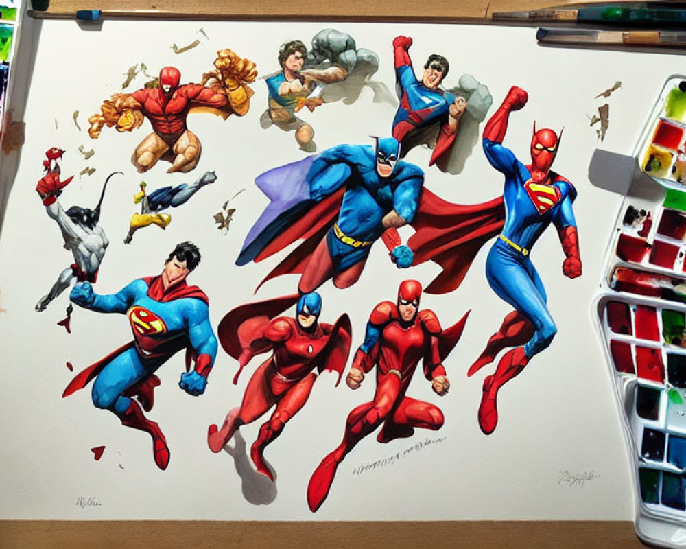 Colorful Superhero Illustration Surrounded by Art Supplies