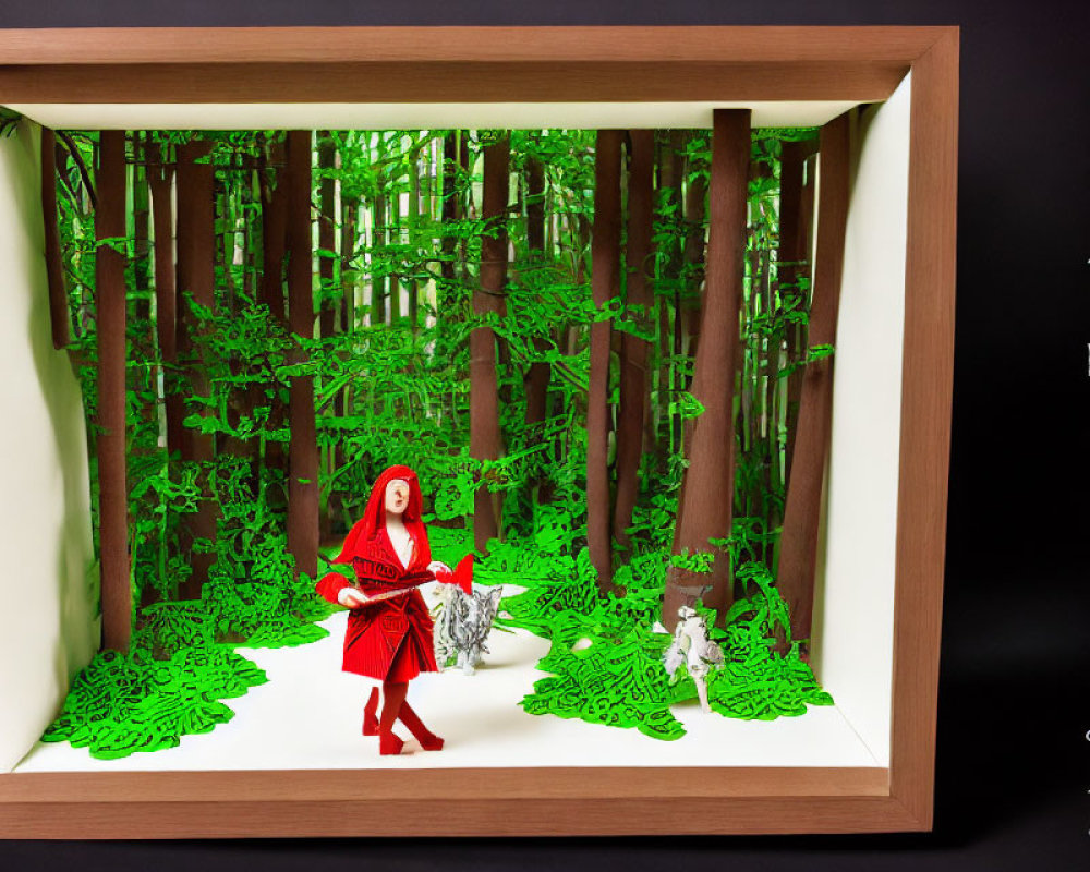 Three-Dimensional Paper Art Diorama of Little Red Riding Hood and Wolf in Forest