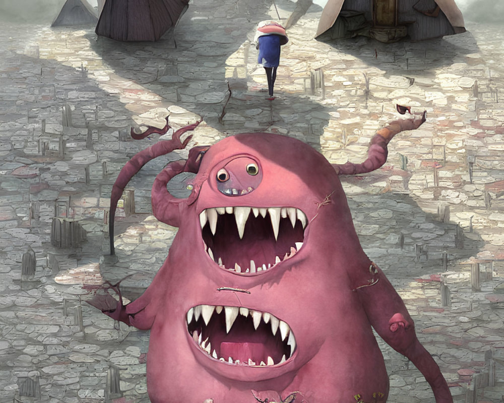 Illustration of Pink Two-Mouthed Monster in Coin Landscape