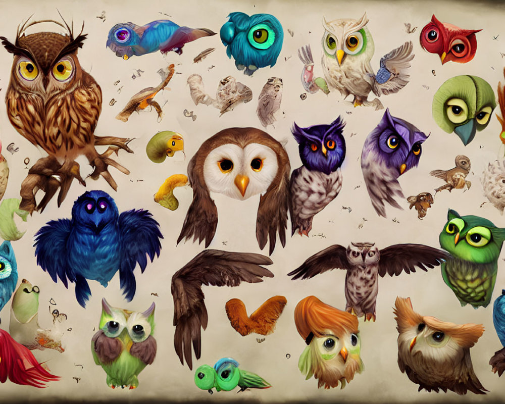 Whimsical, Colorful Owls with Various Expressions and Feather Patterns