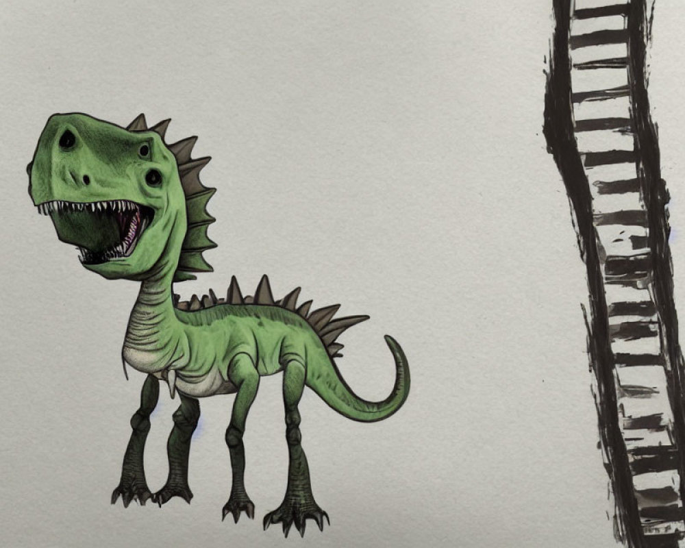 Green dinosaur illustration next to tall ladder.