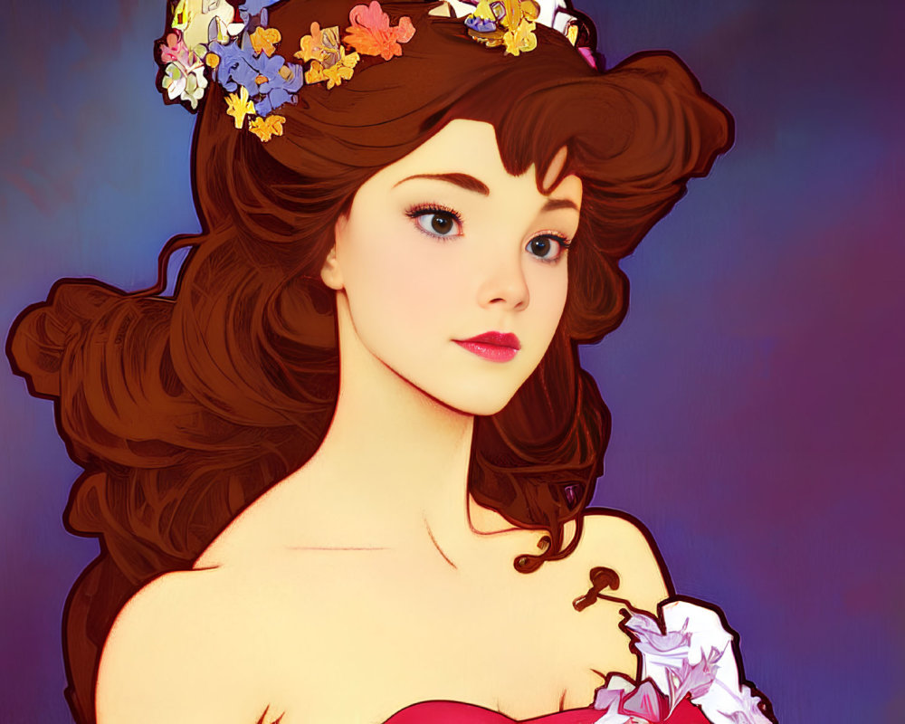 Animated princess with floral headband and red top on blue background