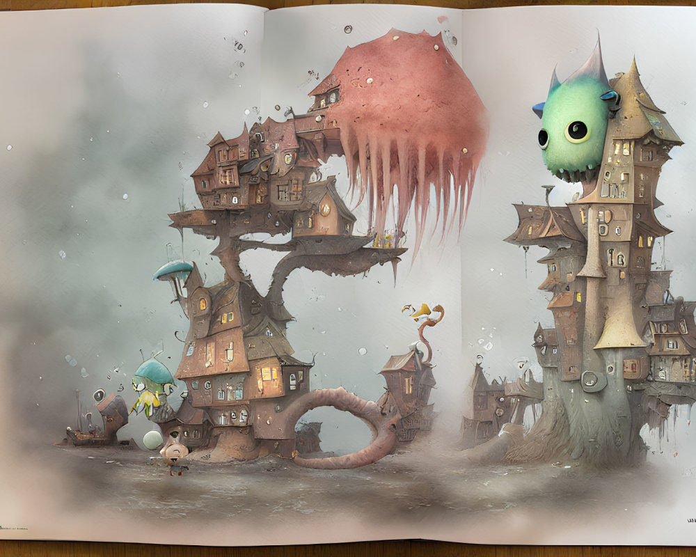 Whimsical Floating Houses and Green Creature in Illustrated Book