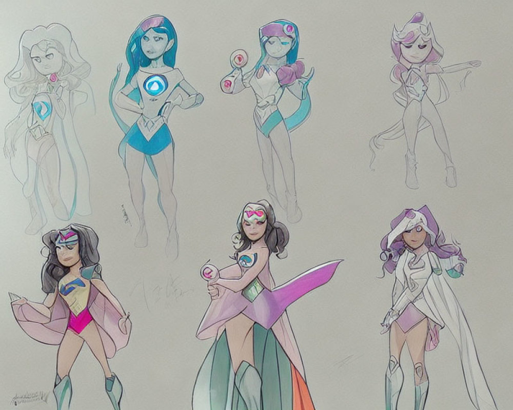 Collection of Stylized Superheroine Character Sketches with Varied Poses, Costumes,