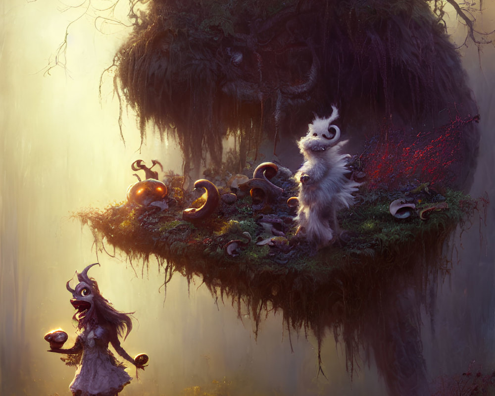 Floating island fantasy art with large creature, humanoid figure, mushrooms, and ethereal lighting