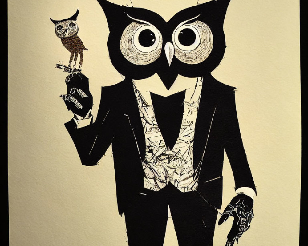 Anthropomorphic owl in tuxedo holding skull and key with small owl on shoulder