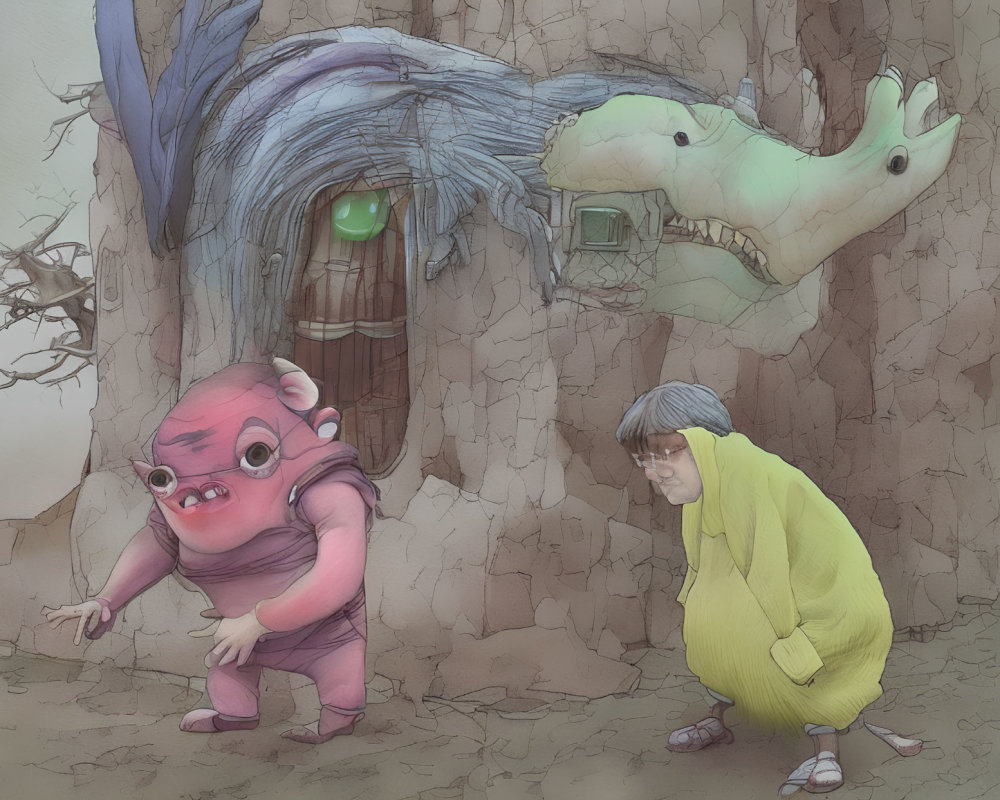 Pink creature with tusks and boy in yellow coat near crocodile-shaped house