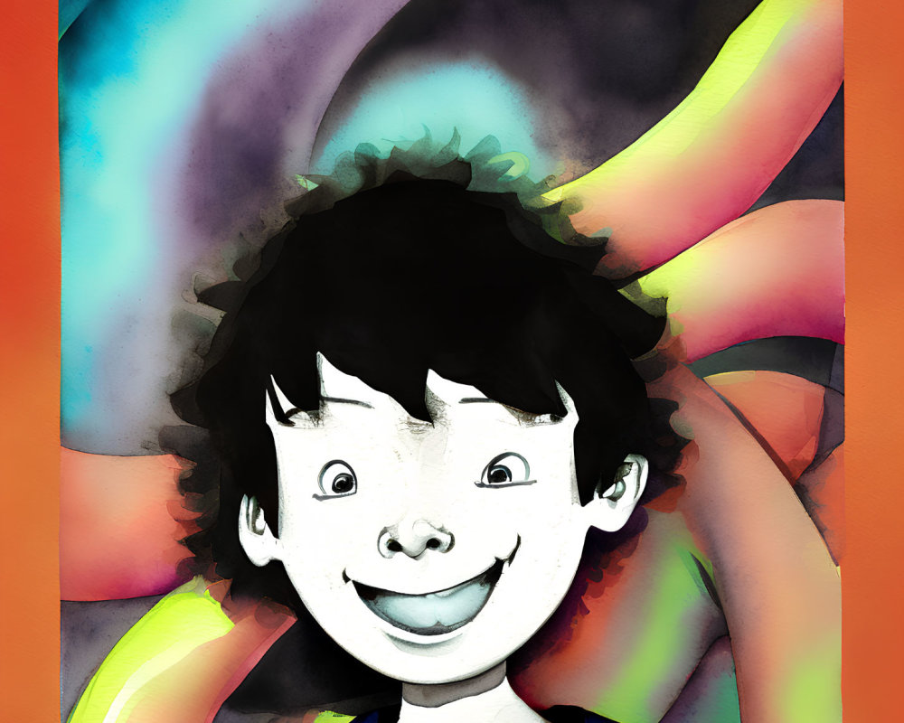 Smiling boy with curly hair and abstract shapes on dark background