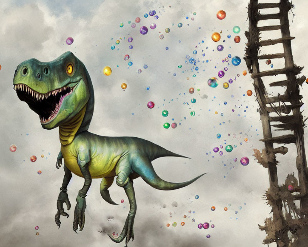 Dinosaur near wooden ladder with colorful bubbles under cloudy sky