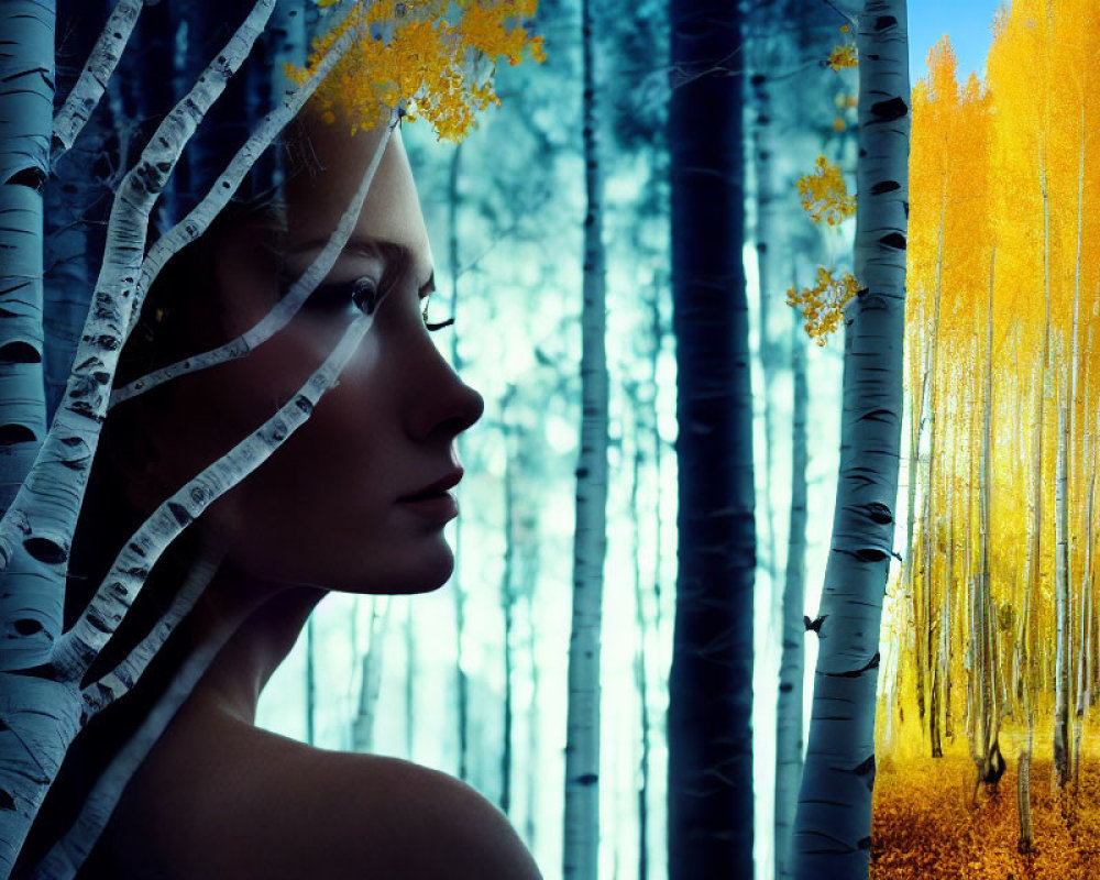 Woman's profile merges with vibrant forest scene