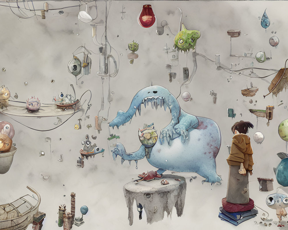 Whimsical illustration of large blue creature at table with quirky beings in dreamlike setting