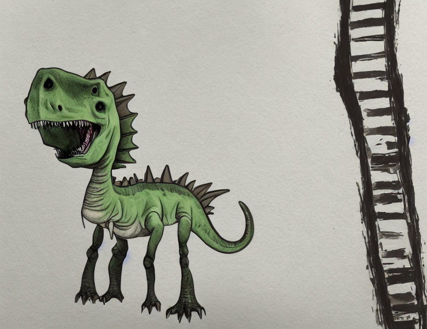 Green dinosaur illustration next to tall ladder.