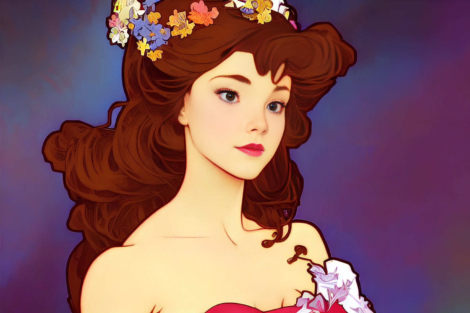 Animated princess with floral headband and red top on blue background