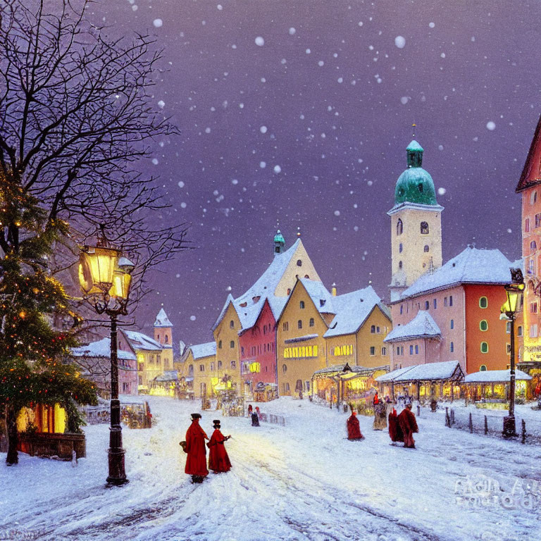 Snowflakes falling on colorful old town street at dusk with people in cloaks and green domed