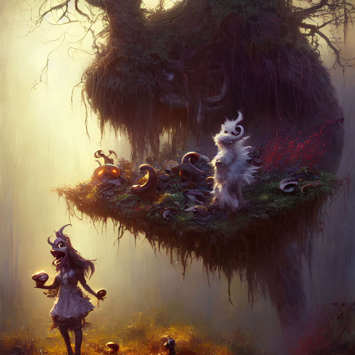 Floating island fantasy art with large creature, humanoid figure, mushrooms, and ethereal lighting