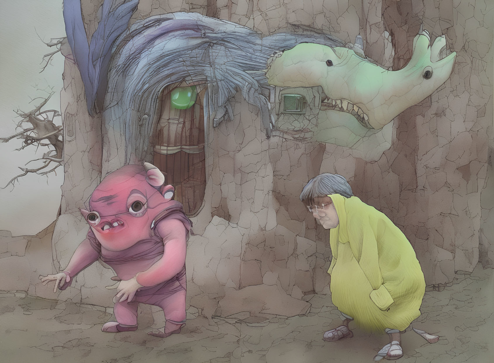 Pink creature with tusks and boy in yellow coat near crocodile-shaped house