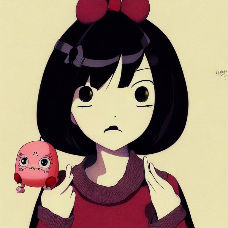 Animated girl with large eyes holding pink creature on yellow background