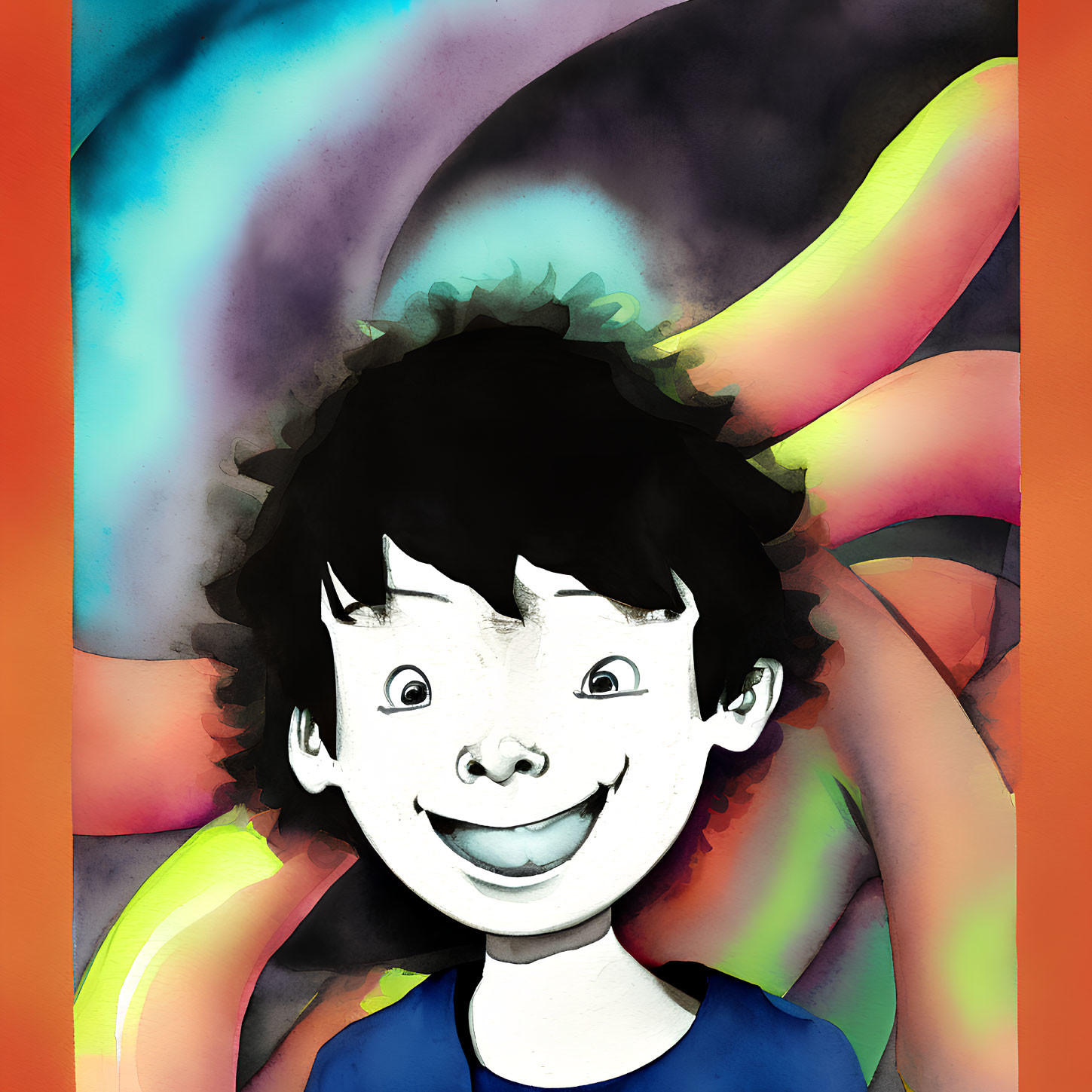 Smiling boy with curly hair and abstract shapes on dark background