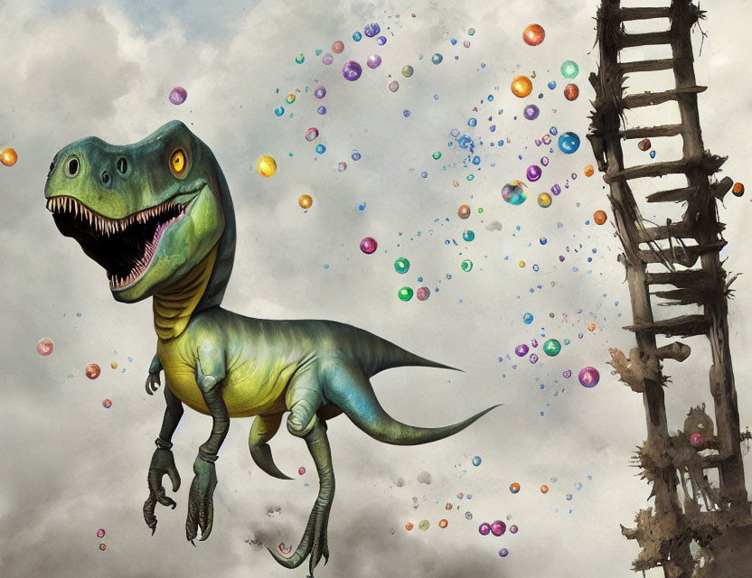 Dinosaur near wooden ladder with colorful bubbles under cloudy sky