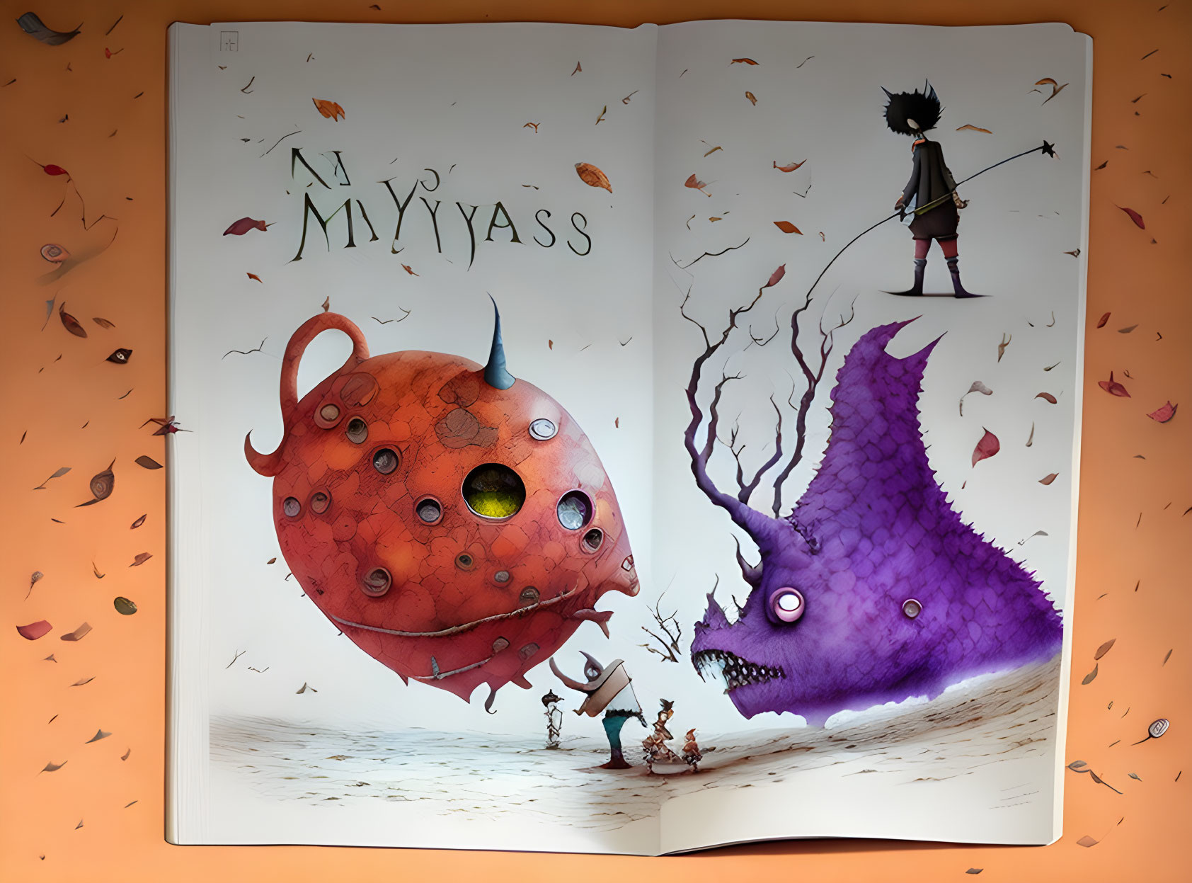 Colorful illustration of child with purple creature, orange object, and tiny characters in falling leaves.