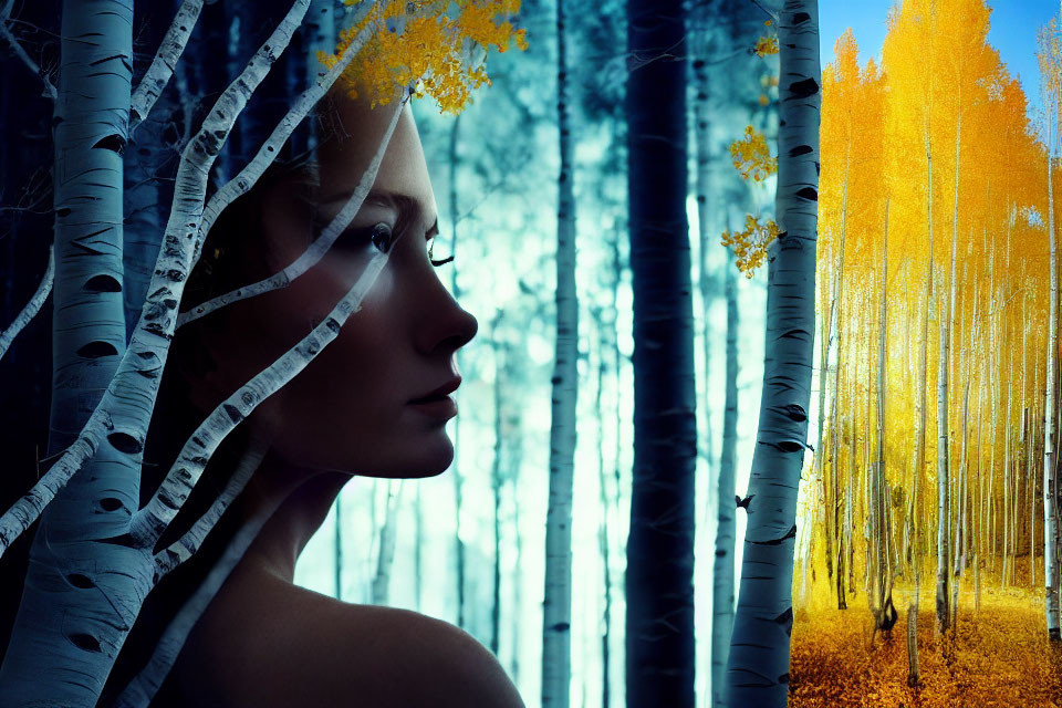 Woman's profile merges with vibrant forest scene