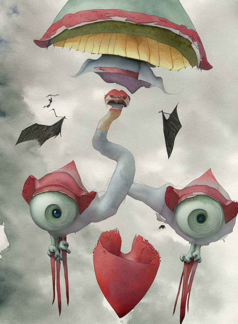 Colorful Umbrellas Float with Whimsical Creature and Flying Bats