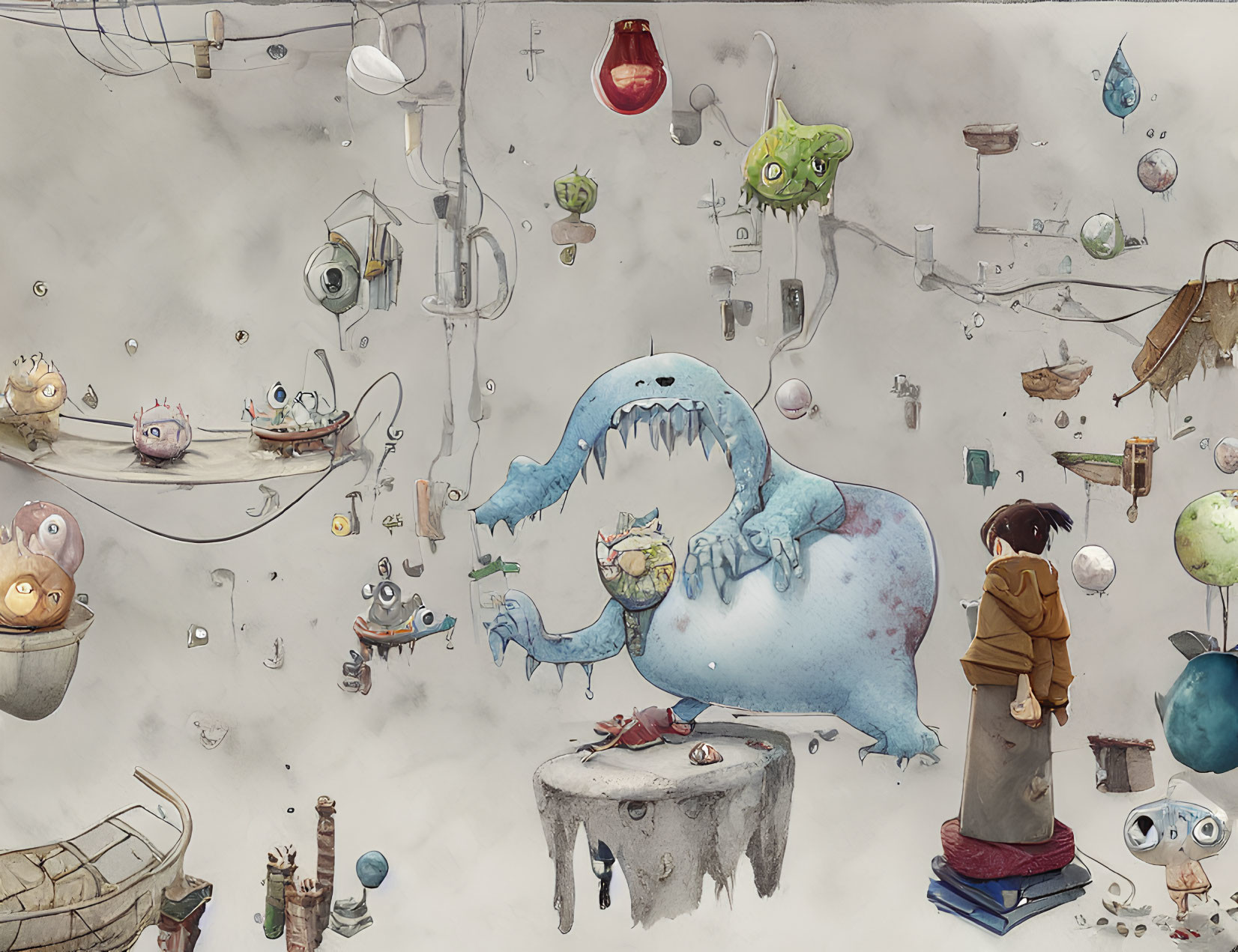 Whimsical illustration of large blue creature at table with quirky beings in dreamlike setting