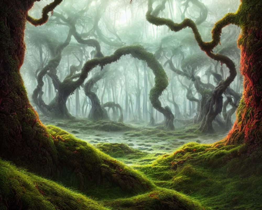 Enchanting forest scene with gnarled trees and lush green mossy floor