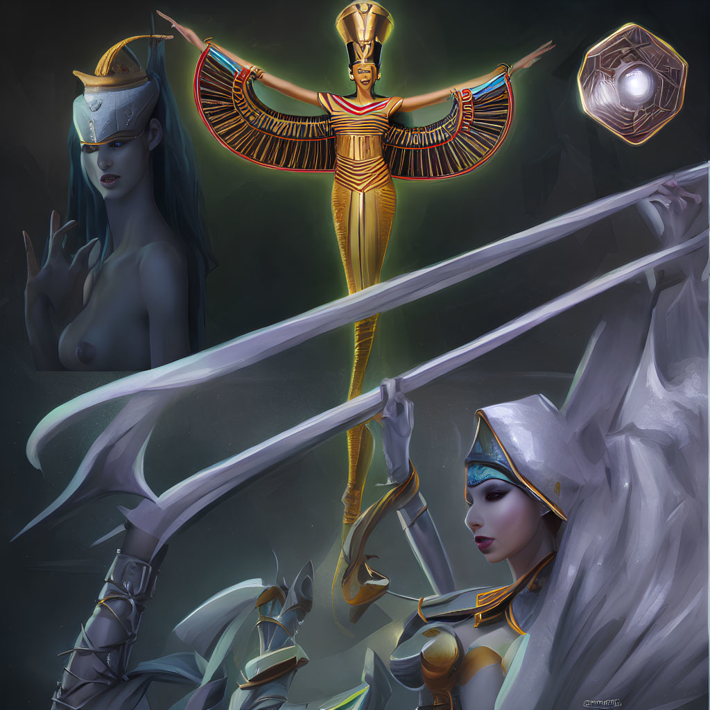 Fantasy female characters in Egyptian-themed costumes with winged headdress and mystical floating cube