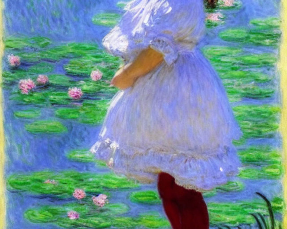 Young Girl in White Dress and Red Stockings by Pond with Pink Water Lilies