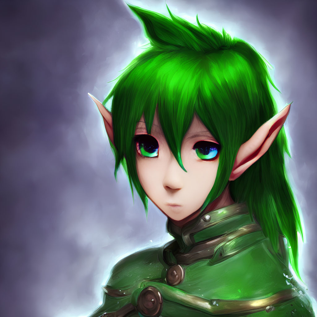 Illustrated elf with green hair and blue eyes in green armor on misty grey background