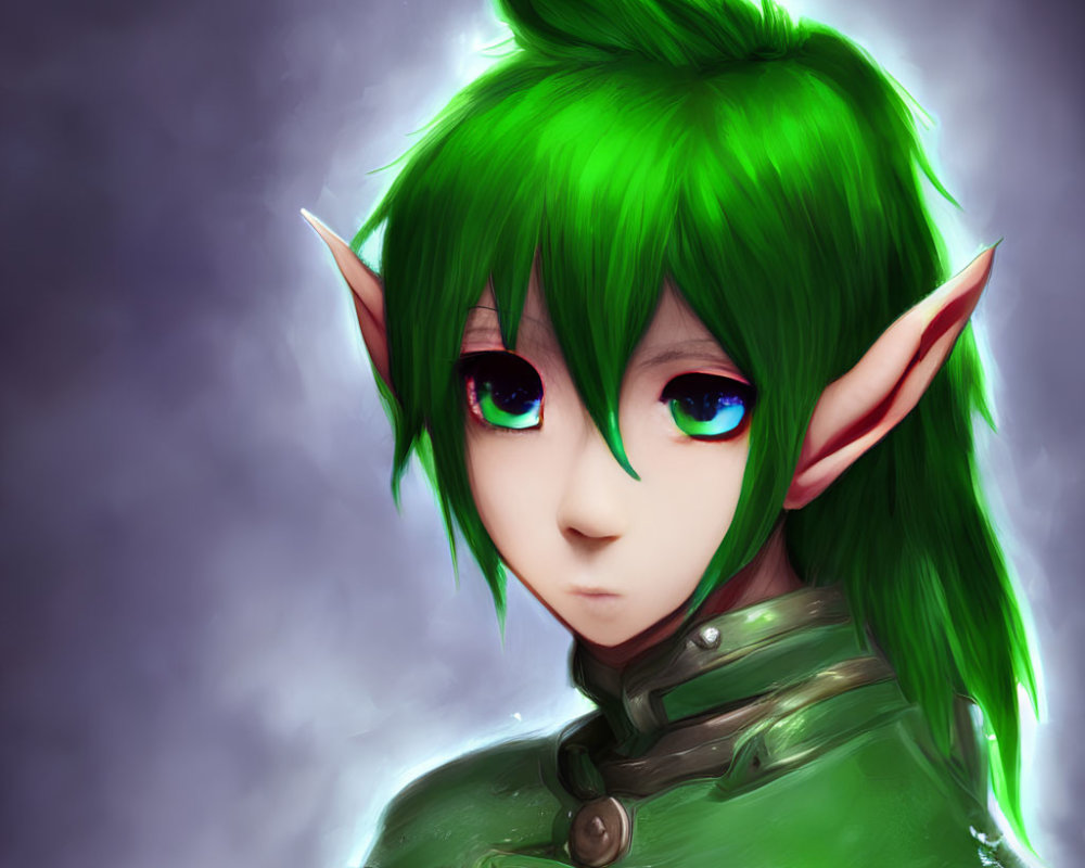 Illustrated elf with green hair and blue eyes in green armor on misty grey background