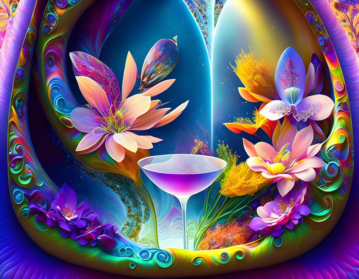 Surreal digital art: neon lotus flowers, chalice, and fantastical elements