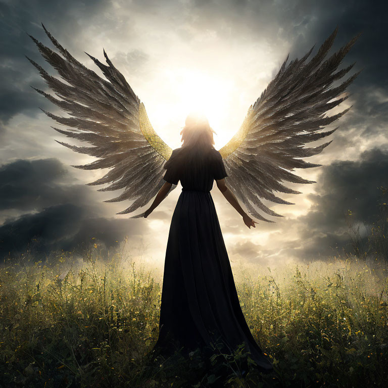 Silhouetted figure with angelic wings in field under dramatic sky