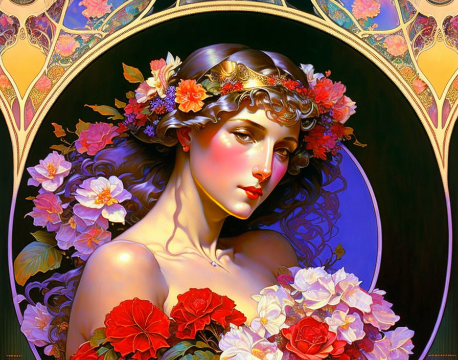 Woman with Flower Crown in Art Nouveau Style and Golden Border