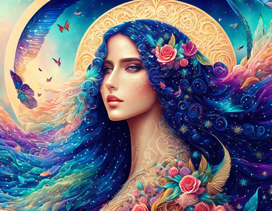 Colorful digital portrait of woman with blue floral hair, golden moon, and butterflies