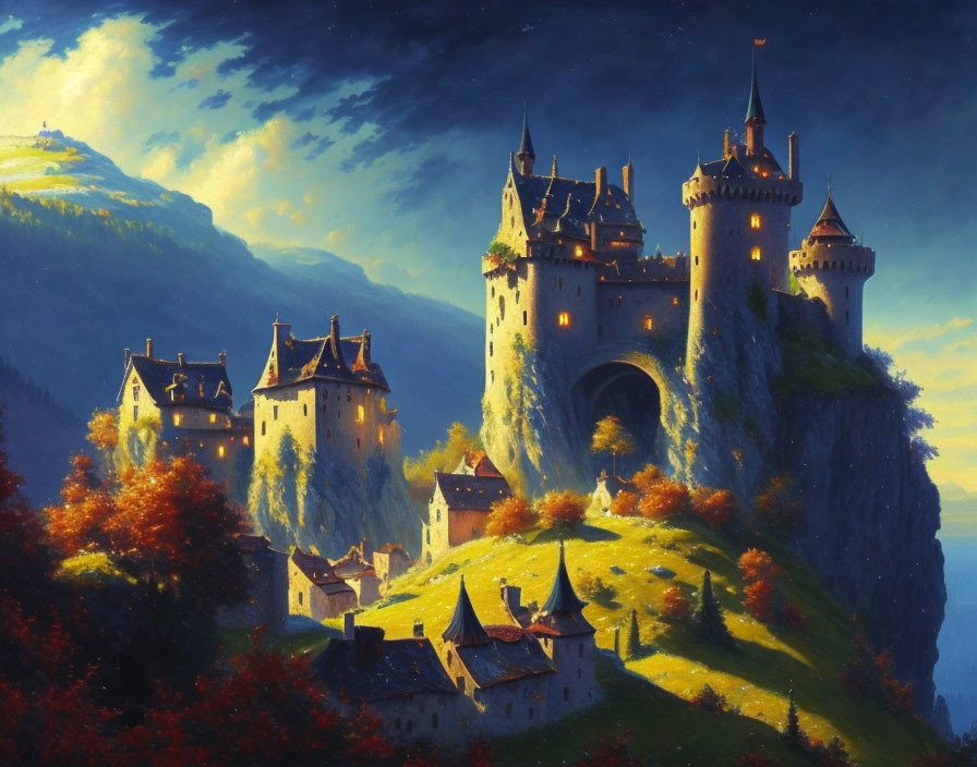 Majestic castle on lush hill amid autumn trees at twilight