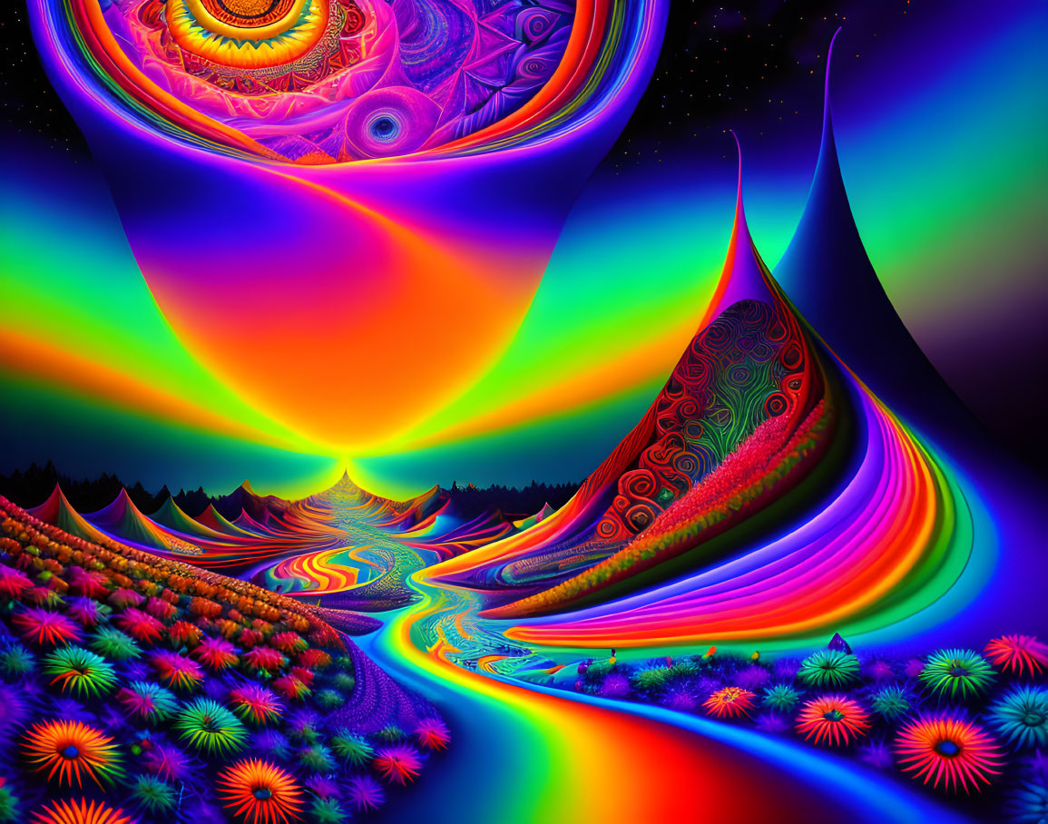 Colorful psychedelic digital art with swirling patterns and fractal flowers