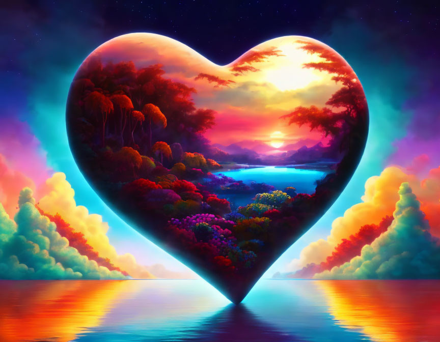 Colorful heart-shaped sunset illustration over tranquil lake.