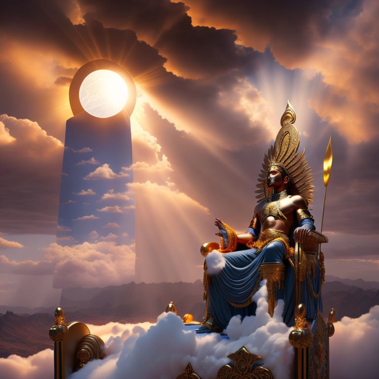 Golden-winged figure on throne amidst dramatic sky and sun.