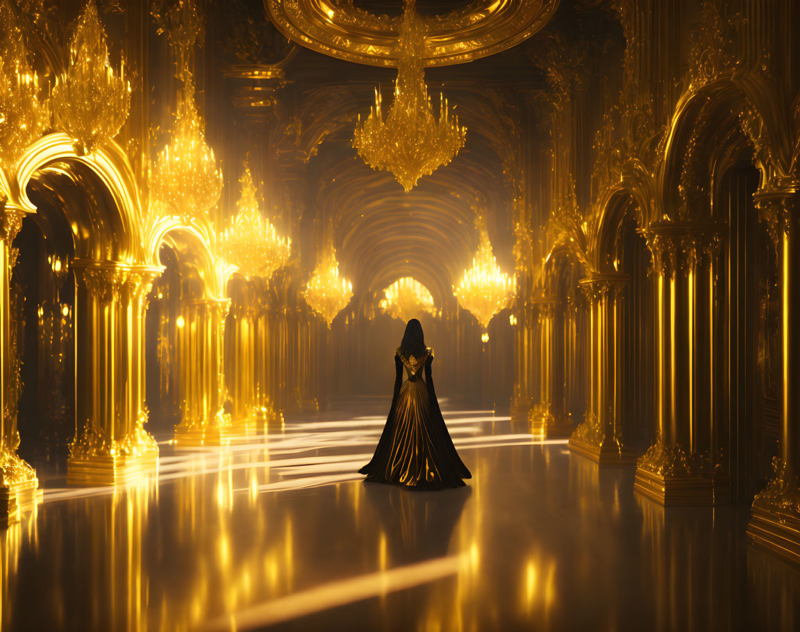 Solitary figure in flowing gown in grand, opulent hall with golden arches and chandeliers