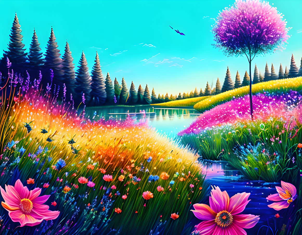 Colorful wildflowers, serene lake, lush trees: Tranquil landscape with birds in flight