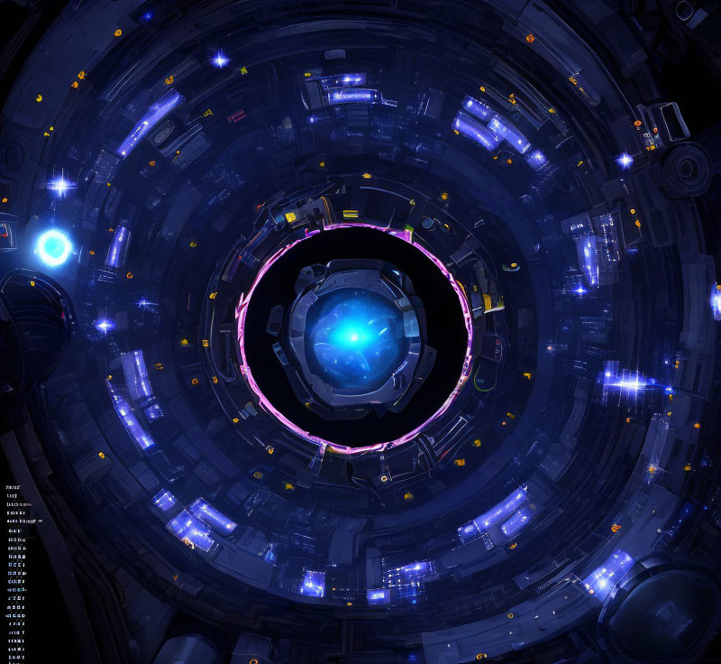 Circular Space Station Interior with Glowing Blue Core and Illuminated Panels