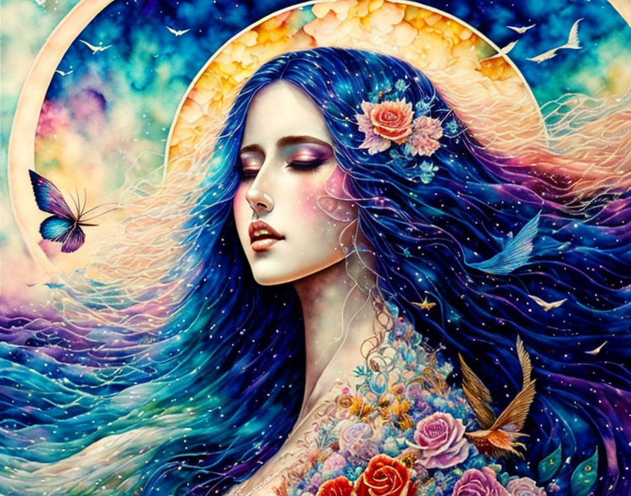 Illustration of woman with blue hair, halo, flowers, butterflies, cosmic background