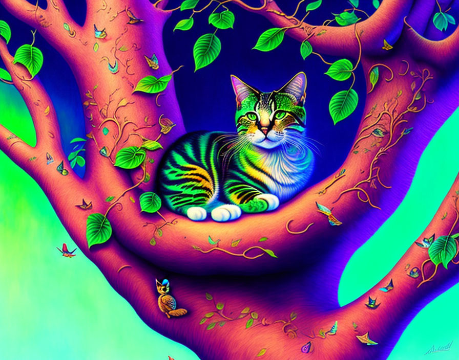 Colorful Illustration: Green-Striped Cat on Tree Branch with Nature Scene