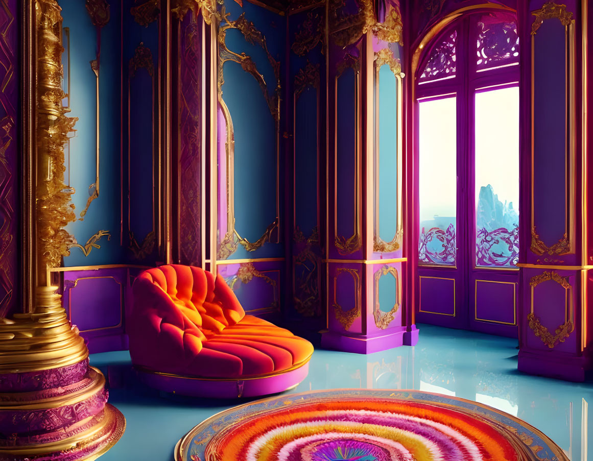 Luxurious room with bright blue walls, gold trim, purple chair, and colorful rug under sunlight.