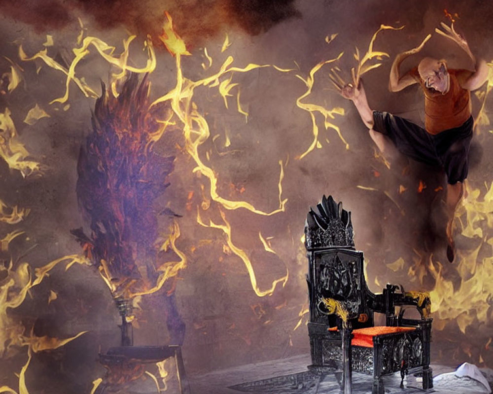 Person leaping from fiery gothic chair in mid-air