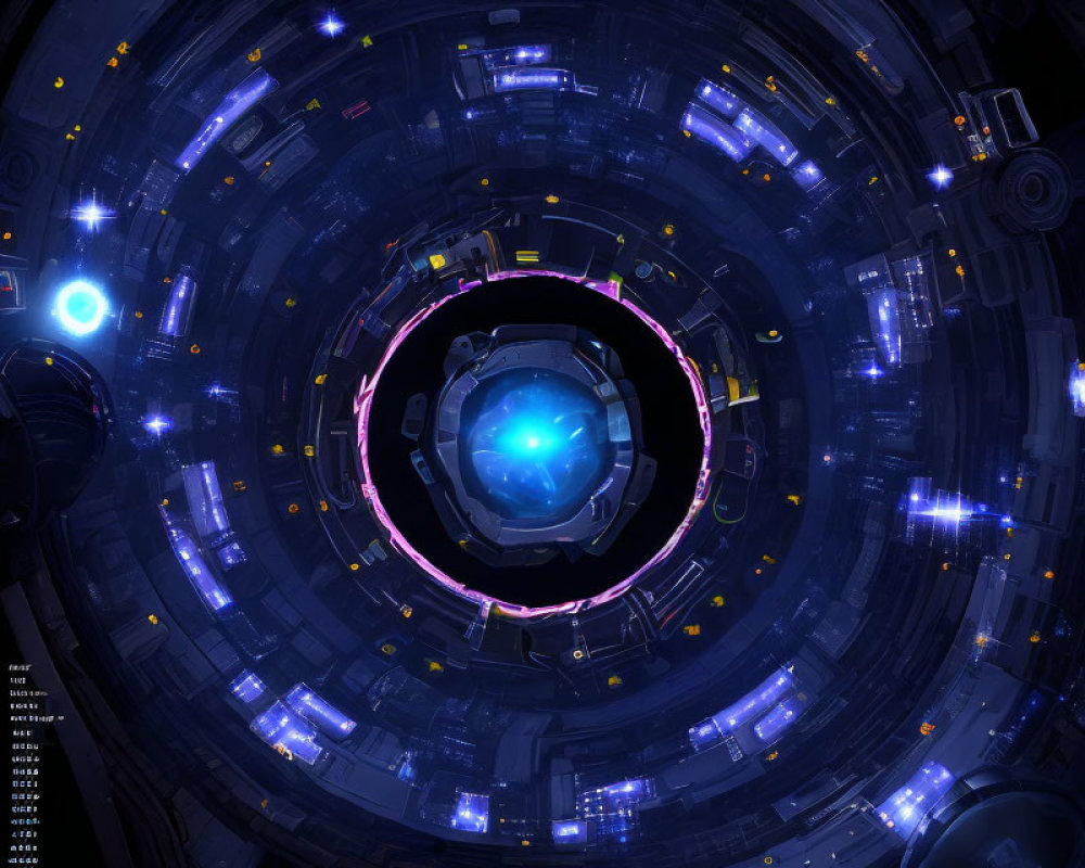 Circular Space Station Interior with Glowing Blue Core and Illuminated Panels